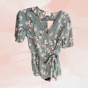 Sienna Sky Sage Floral Flutter Sleeve Faux Wrap Peplum Blouse